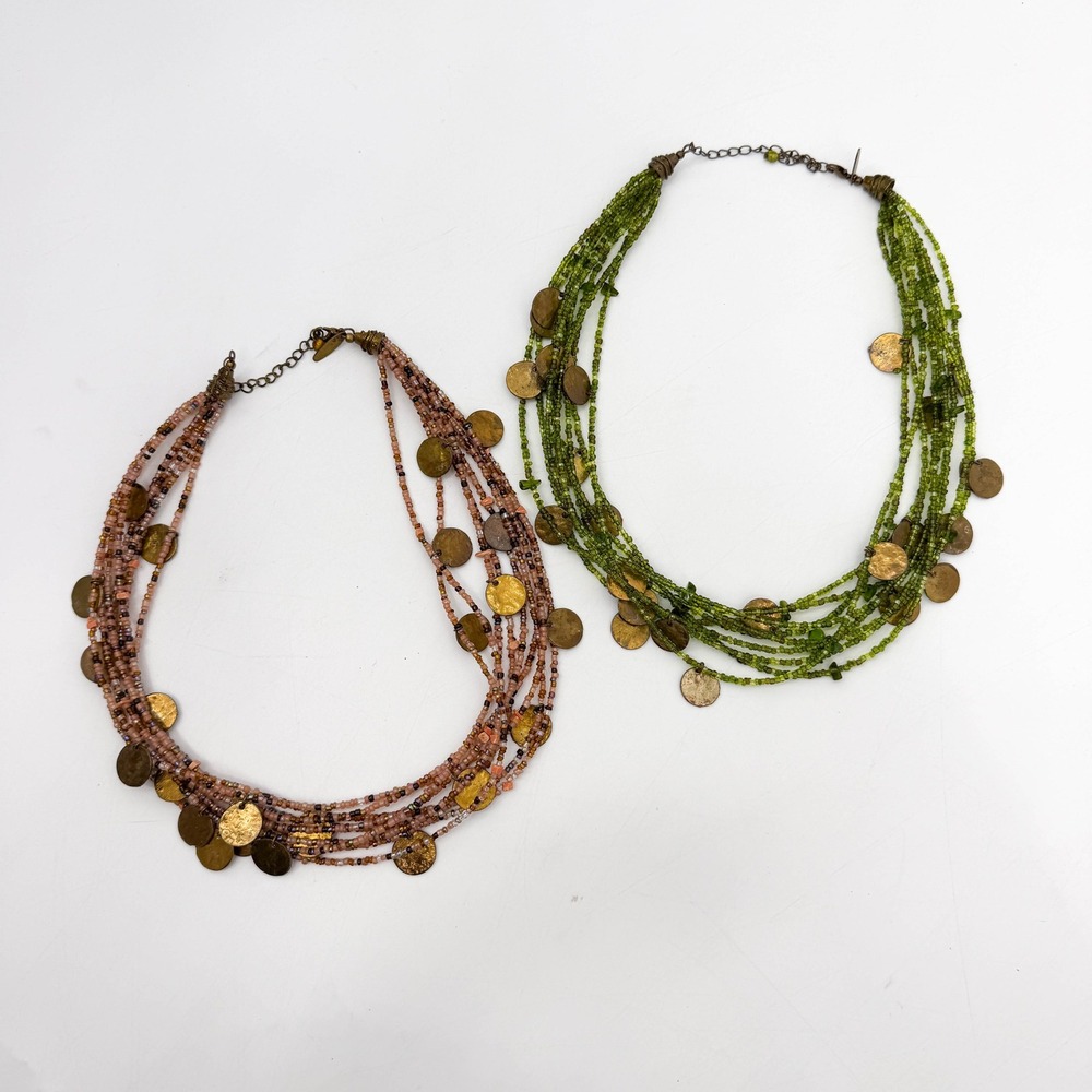 Avenue Set of 2 Multi Strand Beaded Coin Charm Necklaces Green Pink Boho